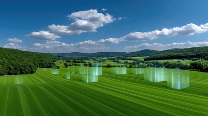 Futuristic Digital Landscape with Abstract Structures Over a Lush Green Field Under a Bright Blue Sky and Fluffy White Clouds