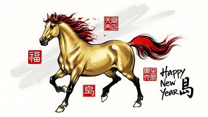 Golden Horse Chinese New Year Ink Illustration 2