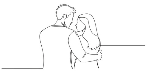 Minimalist line art illustration of a man and woman holding hands looking at each other..one line icon with out background