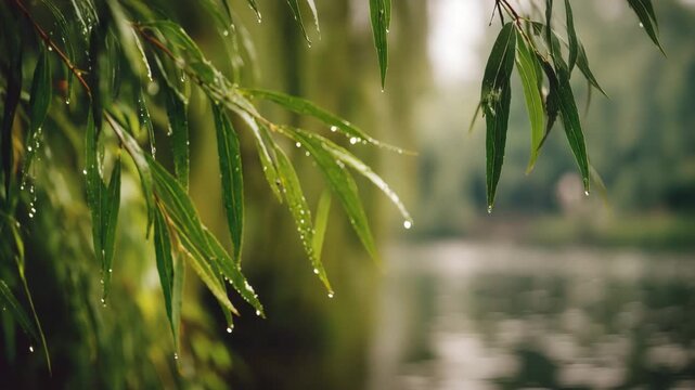 Green willow leaves with water droplets after rain and blurred lake background, natural foliage, serene outdoor scene, fresh nature, tranquil environment, peaceful greenery
