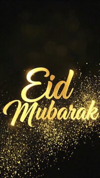Golden eid mubarak text on dark glittery background. Festive design for greeting cards, social media posts, and holiday presentations.
