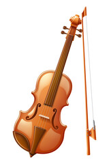 Fototapeta premium Classical acoustic violin with bow standing upright, elegant musical instrument concept, glossy 3D illustration transparent background