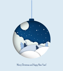 Vector Christmas illustration featuring a paper-cut style winter landscape inside a hanging Christmas ornament. Inscription : "Merry Christmas and Happy New Year!" Postcard template