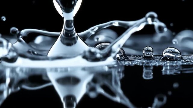 Water droplets form on a dark surface, showing reflections and shapes as they accumulate in a close up shot during the night