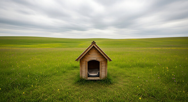 Empty wooden dog house stands solitary in a vast, vibrant green field under a serene, cloudy sky, symbolizing peace and simplicity