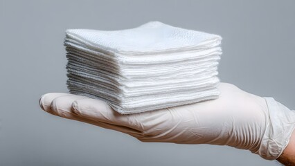 Person holding a stack of folded sterile gauze pads in a clean clinical environment with bright neutral lighting and no additional unrelated objects visible
