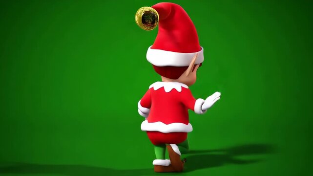 Funny cartoon elf character in red christmas costume standing on green chroma key background, festive holiday mascot animation style. Concept of christmas advertising and seasonal promotion