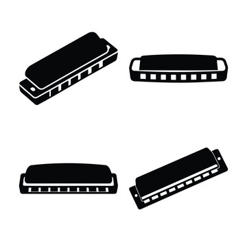 Harmonica musical instrument icons black silhouette collection.