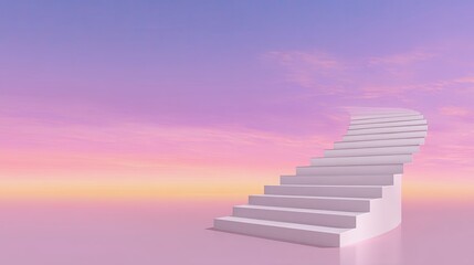 Fototapeta premium Abstract staircase leading into a colorful sky at sunrise, representing aspiration, hope, and the journey of life in a surreal landscape.