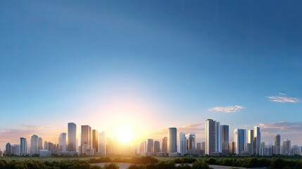 Fototapeta premium Stunning Sunset Over Modern City Skyline with Glass Buildings and Clear Blue Sky, Urban Landscape Captured in Wide-Angle View at Golden Hour