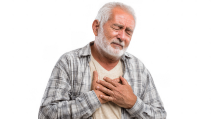 Elderly man experiencing intense chest pain, holding his hands to his heart with closed eyes, isolated on a transparent background, ideal for health and medical related projects
