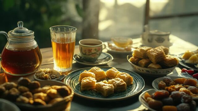 A table set for tea with a variety of pastries and sweets, accompanied by a teapot and teacups. The warm lighting suggests an inviting afternoon break.