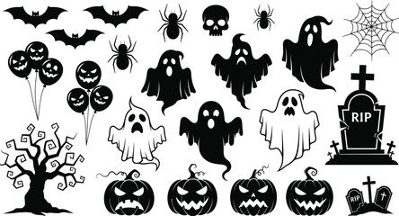 Halloween spooky icon set, black white silhouettes, ghosts pumpkins bats spiders skulls, scary holiday elements, vector illustration collection