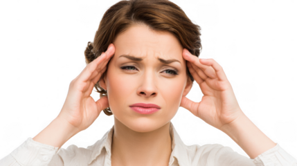 Close up of a man experiencing a severe headache, touching his temples with his fingers, his face showing signs of pain and discomfort, isolated on a transparent background