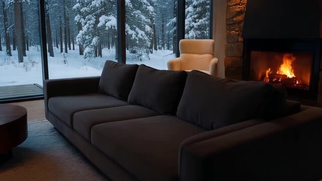 Cozy modern black fabric sofa standing in minimalist living room with large window and snowy winter forest outside, soft natural light creates calm interior mood. Concept of winter comfort and hygge l
