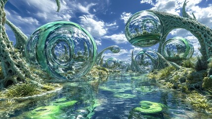 Futuristic landscape with reflective spheres and organic structures near a calm body of water