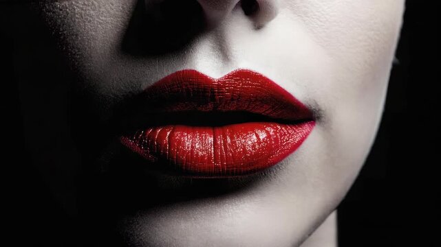 Stylish and sultry of woman's lips with glossy red lipstick.