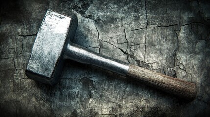 Metallic mallet resting on a distressed, cracked surface; dramatic lighting and texture create a rugged aesthetic