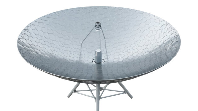 Large silver satellite dish isolated PNG on transparent background, communication technology for space exploration and scientific research