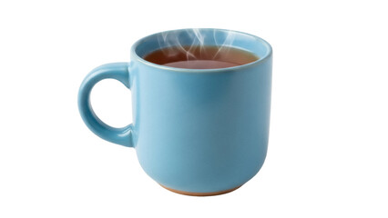 Light blue ceramic mug with hot tea isolated PNG, steaming beverage in a cup on transparent background for design and advertising use