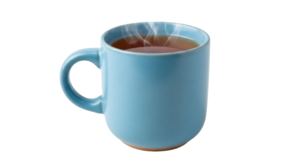 Light blue ceramic mug with hot tea isolated PNG, steaming beverage in a cup on transparent background for design and advertising use
