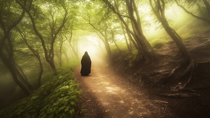 A lone figure walks a path through a lush, misty forest. Sunlight streams through canopy