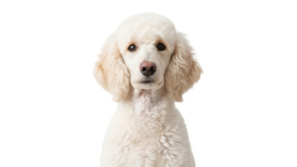 Adorable cream poodle puppy isolated PNG, cute dog with curly fur on transparent background for pet-related designs and animal themes