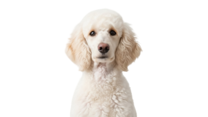 Adorable cream poodle puppy isolated PNG, cute dog with curly fur on transparent background for pet-related designs and animal themes