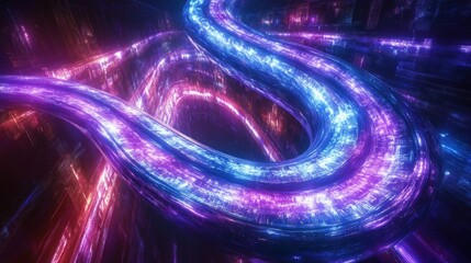 Abstract, glowing pathways of light in vibrant red, purple, and blue intertwine against a dark background