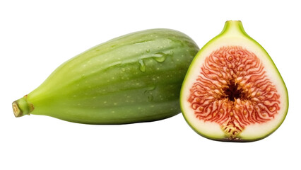Fresh green fig fruit isolated PNG, whole and halved ripe figs on transparent background, healthy eating and vegetarian diet
