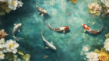 Painted aerial view of koi fish swimming in a lily pond, surrounded by floral elements