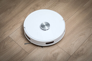 Smart Home Robot Vacuum Cleaner Cleaning Minimalist Wooden Floor Interior