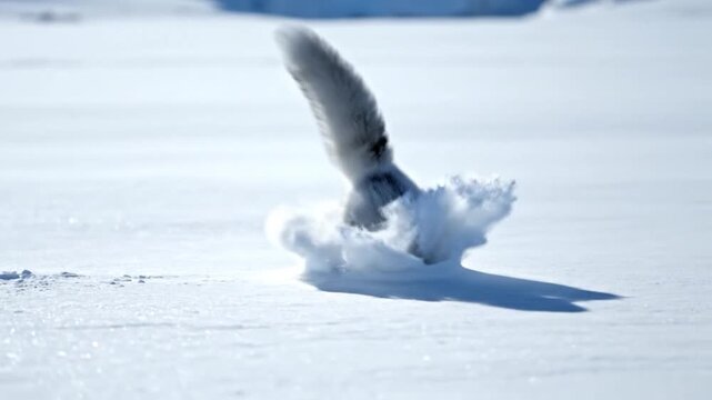 Slow Motion Arctic Fox Leaping and Pouncing in Deep Snow, 4K Wildlife Footage Capturing Winter Hunting Behavior in Stark White Landscape with Sharp Shadows