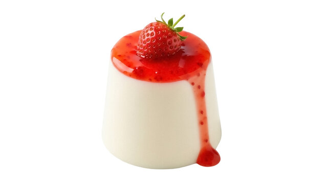 Delicious panna cotta with strawberry topping isolated PNG, creamy Italian dessert with fresh fruit and sweet sauce on transparent background