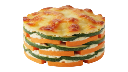 Vegetable tian isolated on transparent background PNG, layered zucchini and sweet potato gratin with cheese topping for healthy eating