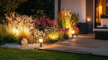 Evening view of a well-lit garden bed with diverse plants, a deck, & soft lighting