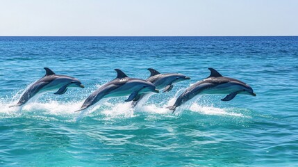 Fototapeta premium Four dolphins leap joyfully out of turquoise ocean water under a clear blue sky