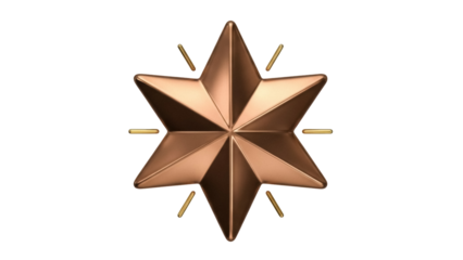 Copper star with golden rays isolated PNG, shiny metallic starburst on transparent background for awards and holiday design projects