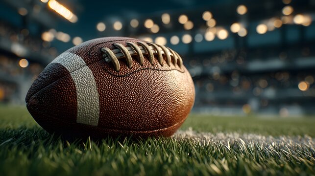 American football resting on a green turf field with blurred stadium lights in the background and detailed texture of the ball leather.
