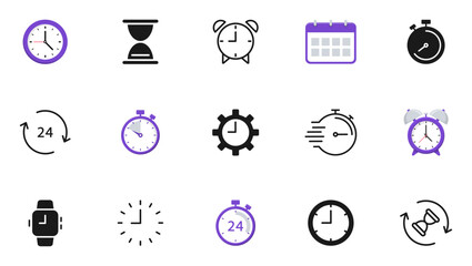 Time and Clock linear icons set. Timer, watch, speed, calendar, alarm clock, date and time management. Editable stroke. Vector illustration.