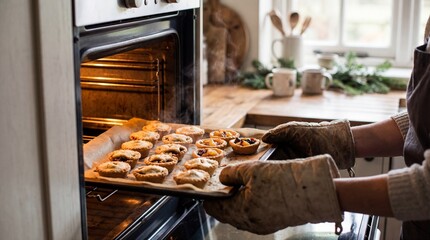 Person removing a tray of freshly baked fruit tarts from a warm oven in a cozy kitchen setting