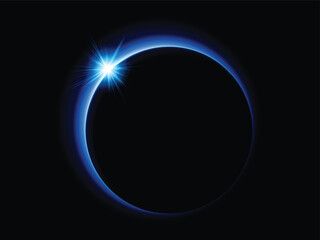 Obraz premium Solar eclipse with sparkling light effect. Sunrise horizon. Round sparkling aura. Vector