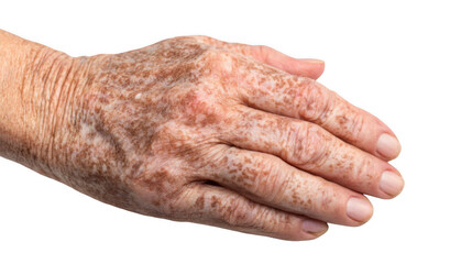 Senior hand exhibiting age spots and liver spots against a transparent background, highlighting the visible effects of aging on skin pigmentation and texture