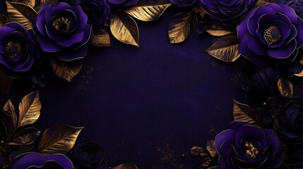 Lush purple and gold floral arrangement borders a textured dark blue background