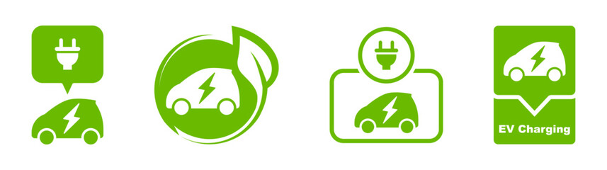 EV car icon set. Electric car with plug icon. Charging station logo. Hybrid vehicles sign. Powered location. Eco friendly vehicle symbol. Vector illustration.