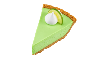 Key lime pie slice isolated PNG on transparent background, delicious dessert with graham cracker crust and lime garnish for food design