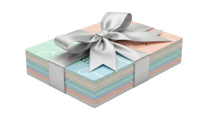 Stack of pastel colored gift voucher cards with silver ribbon isolated PNG, present for special occasion or holiday on transparent background