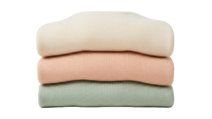 Stack of three pastel knit sweaters PNG isolated on transparent background, folded clothing for fashion and apparel design use