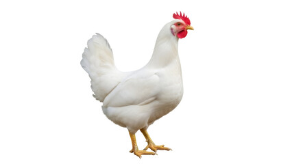 White hen PNG isolated on transparent background, domestic fowl with red comb and yellow legs, poultry farming and agriculture concept