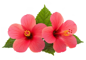Pink hibiscus flowers with leaves isolated on transparent background